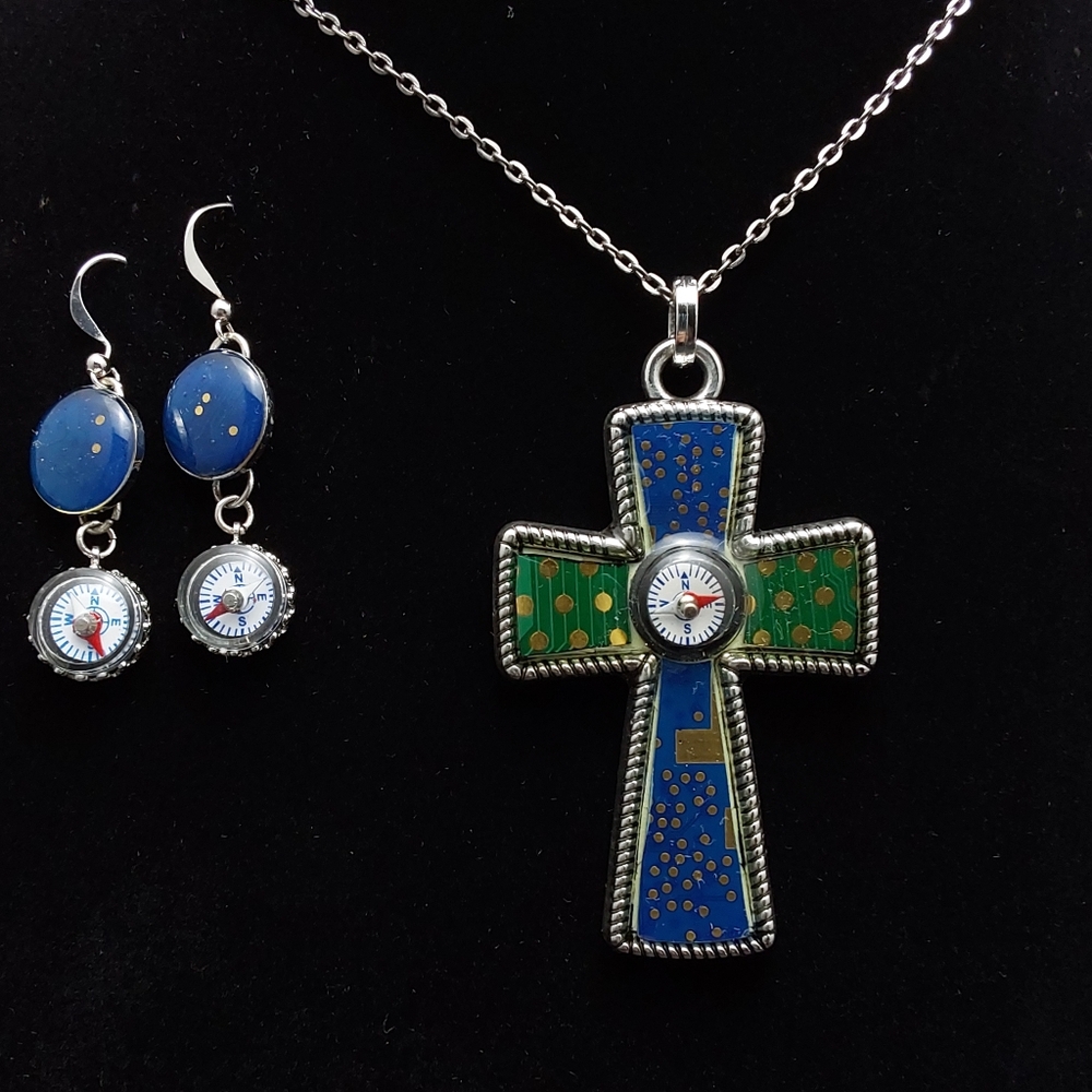 GEEK BLING- Hand crafted ,pendant cross & earring set